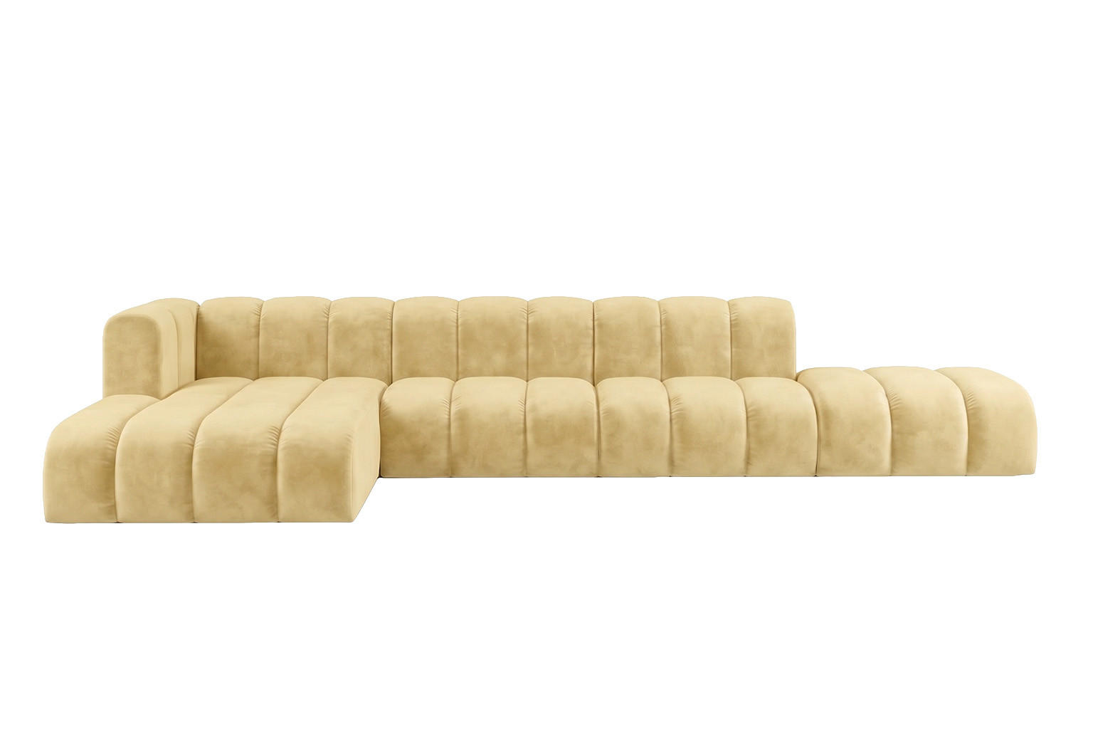 ECKSOFA Modulares In L-Form Mit Hocker, Velvet-Stoff Riviera, Buttergelb, Links, GRAND - Hellgelb, Holz (386/179cm) - Kaiser Möbel