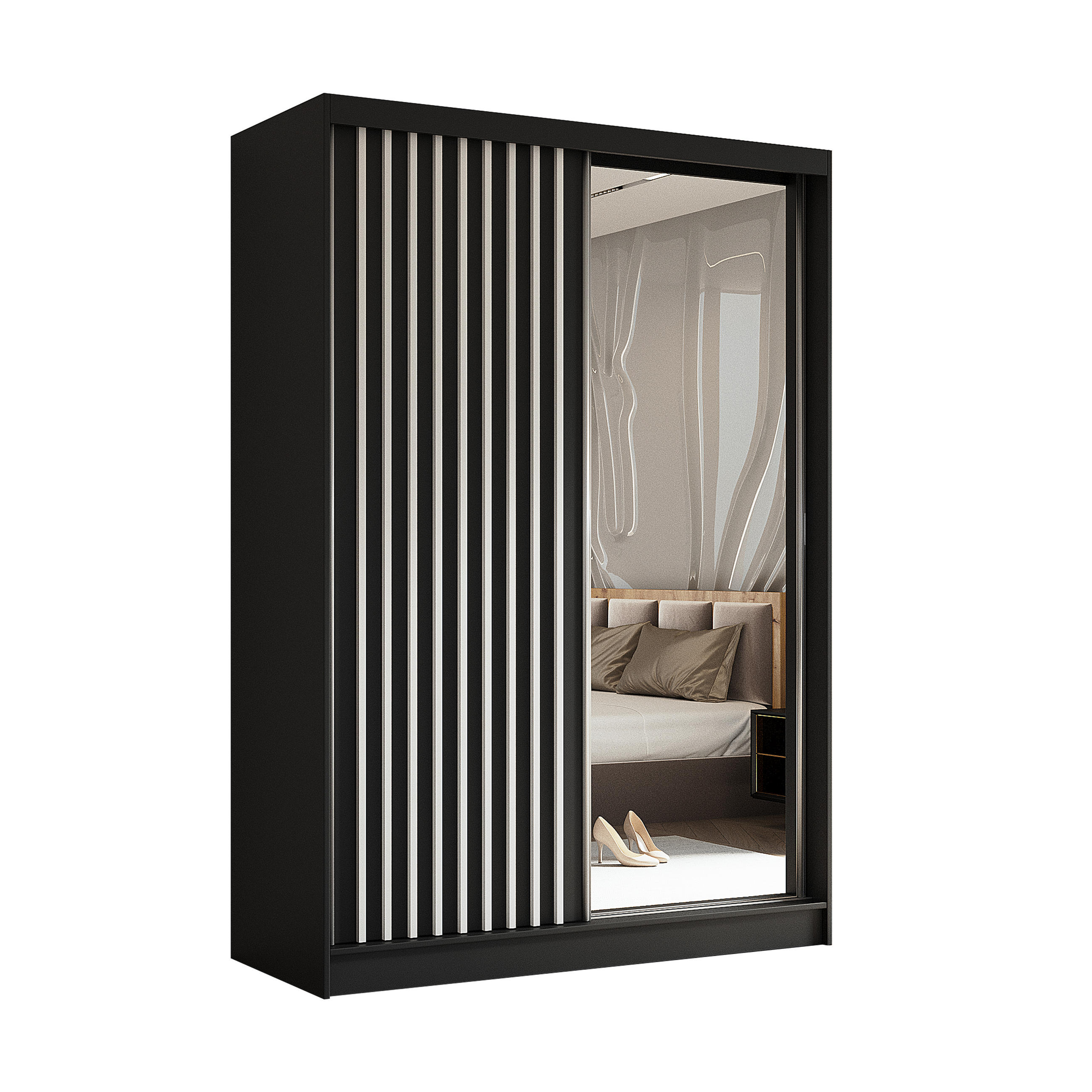 SCHWEBETÜRENSCHRANK LAMELLO 150/216/61 cm 2-türig mit Spiegel Schwarz - Schwarz, Holzwerkstoff (150/216/61cm) - MASSENO