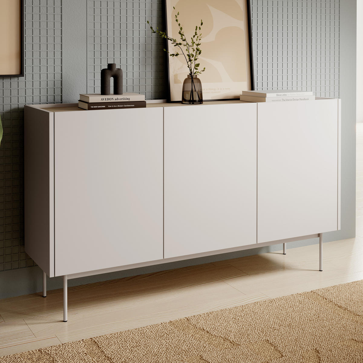 MODERNE Kommode LUMO K3D (Kaschmir Matt, Eiche Linea, Metallfüße, Soft-Close) - Kaschmir/Eichefarben, Holz/Holzwerkstoff (144/83/37cm) - Ravio