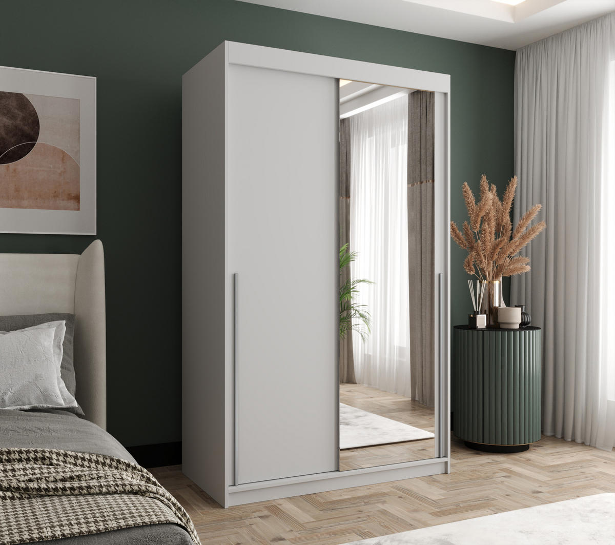 SCHIEBETÜRENSCHRANK mit Spiegel 120 cm Breite, weiß mit silbernem Griff - Silberfarben/Weiß, Holzwerkstoff (250/200/62cm) - Home Collective