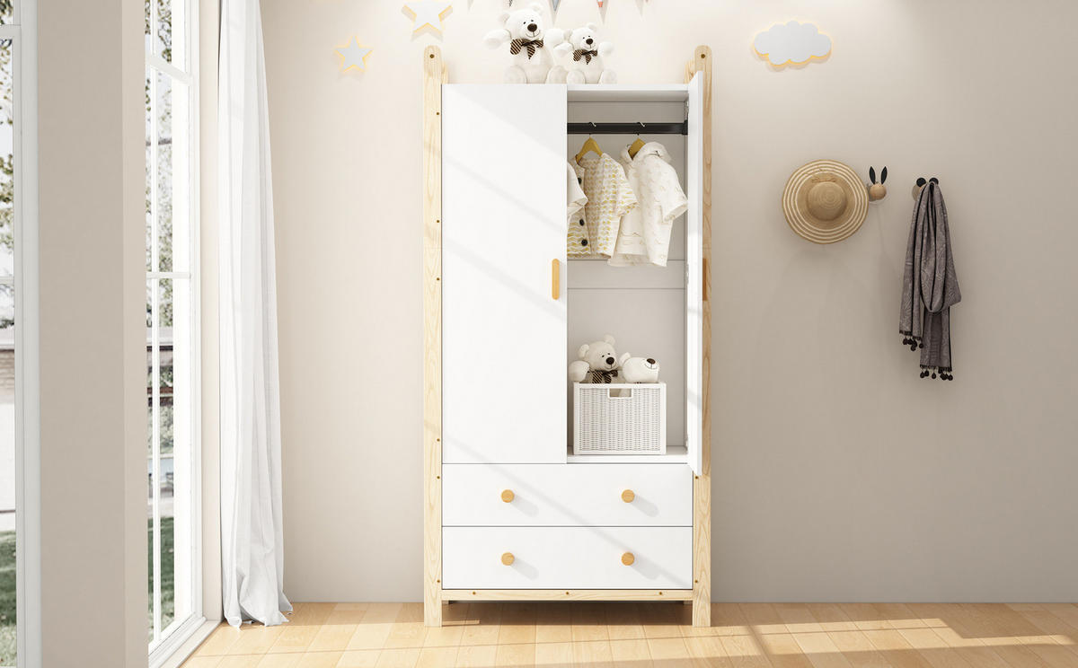 KLEIDERSCHRANK aus Spanplatte & Kiefer, Kleiderstange & 2 Schubladen, 89,6/44/180,5 cm, Weiß/Natur - Weiß, Holzwerkstoff (89.6/180.5/44cm) - Redom