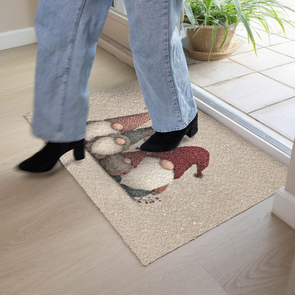 FUSSMATTE Wichtel - Weihnachten - Schnee - Zipfelmützen 90x60 cm - Beige, Kunststoff (90/0.4cm) - MuchoWow