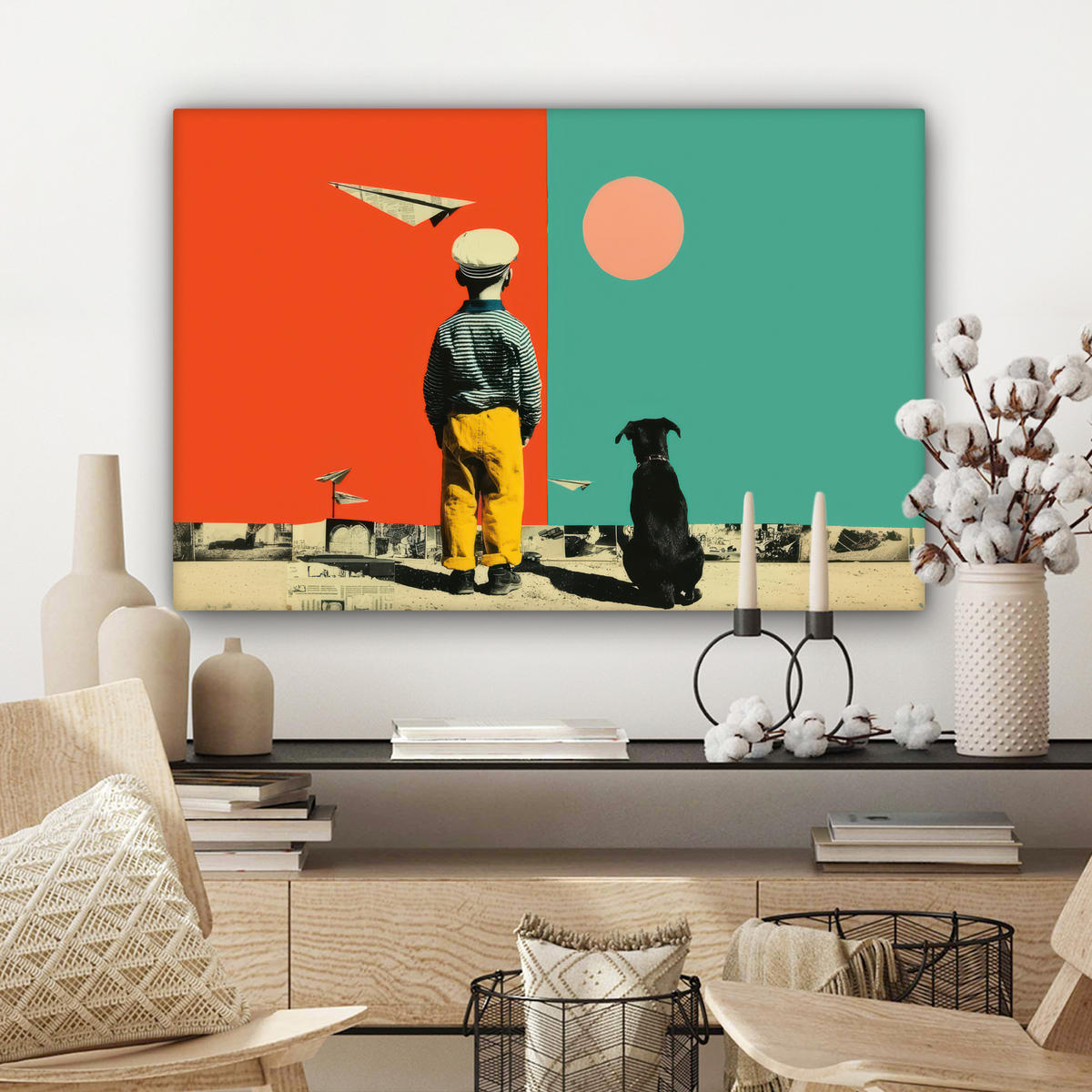 LEINWANDBILD Retro - Junge - Hund - Rot - Grün Wanddeko 90x60 cm - Orange, Textil (90/60cm) - MuchoWow