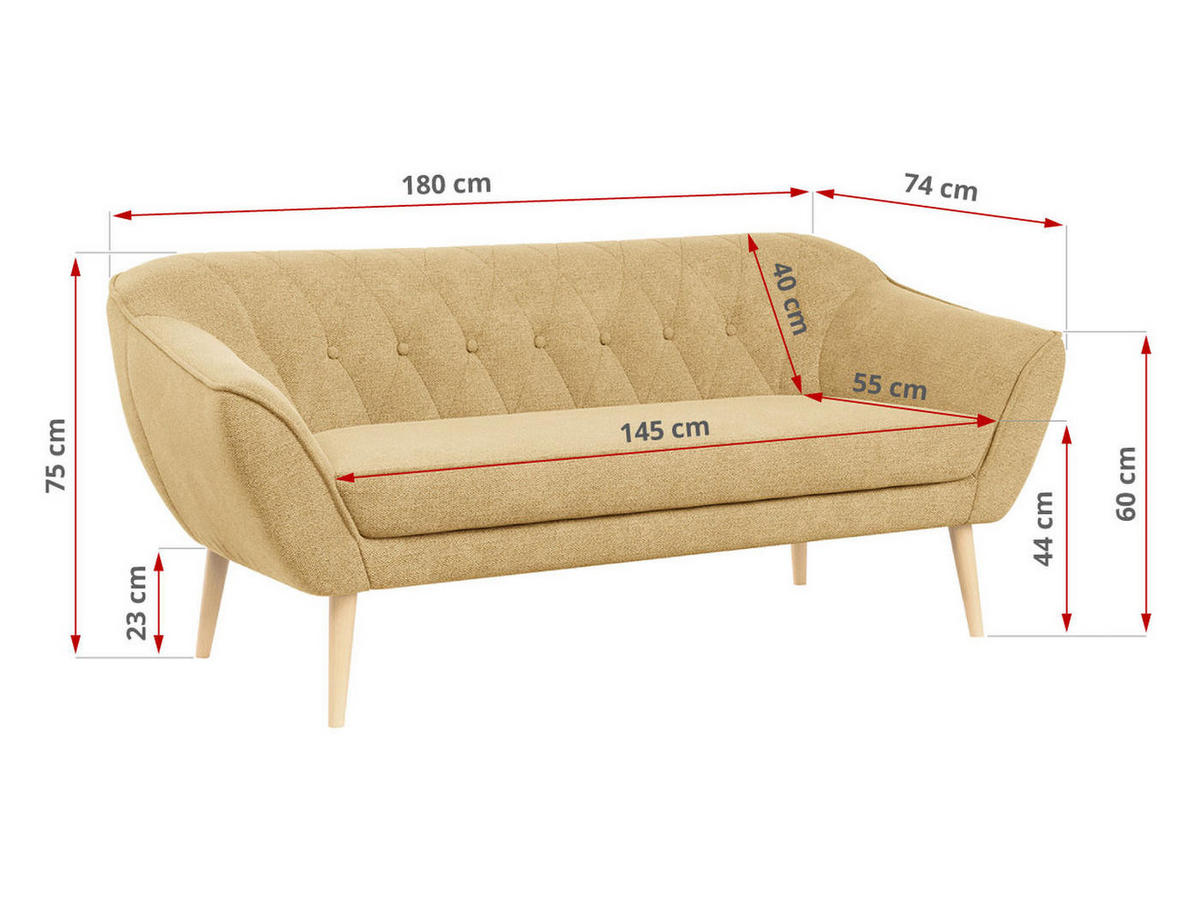 SOFA Pirs 3 Sitzer Strukture Gelb - Gelb/Braun, Holz/Textil (180/75/74cm) - MKS