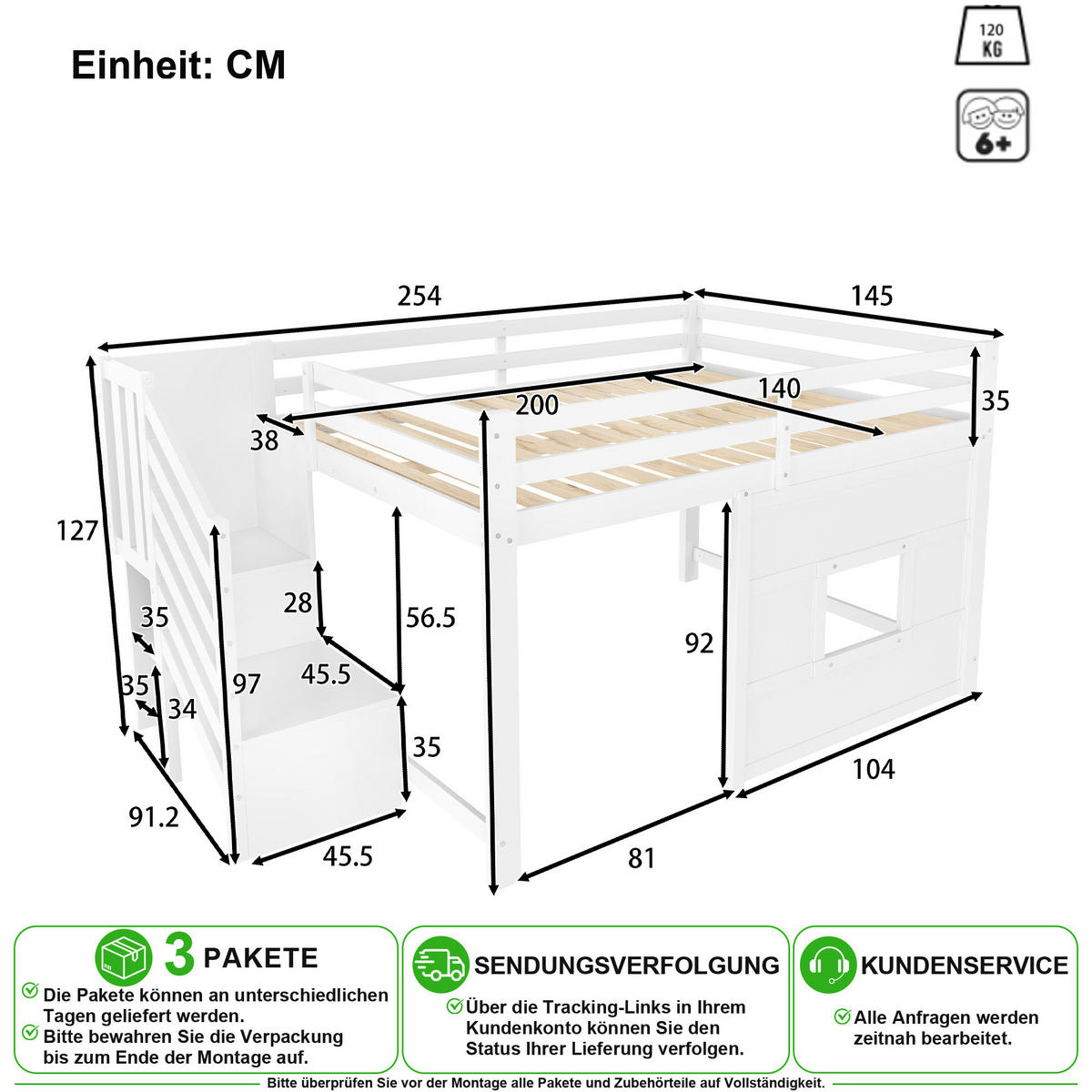 VYVÝŠENÁ POSTEL 140/200 cm v bílé barvě se schody, úložným prostorem a LED - bílá, dřevo/kompozitní dřevo (140/200cm) - CHICFURN