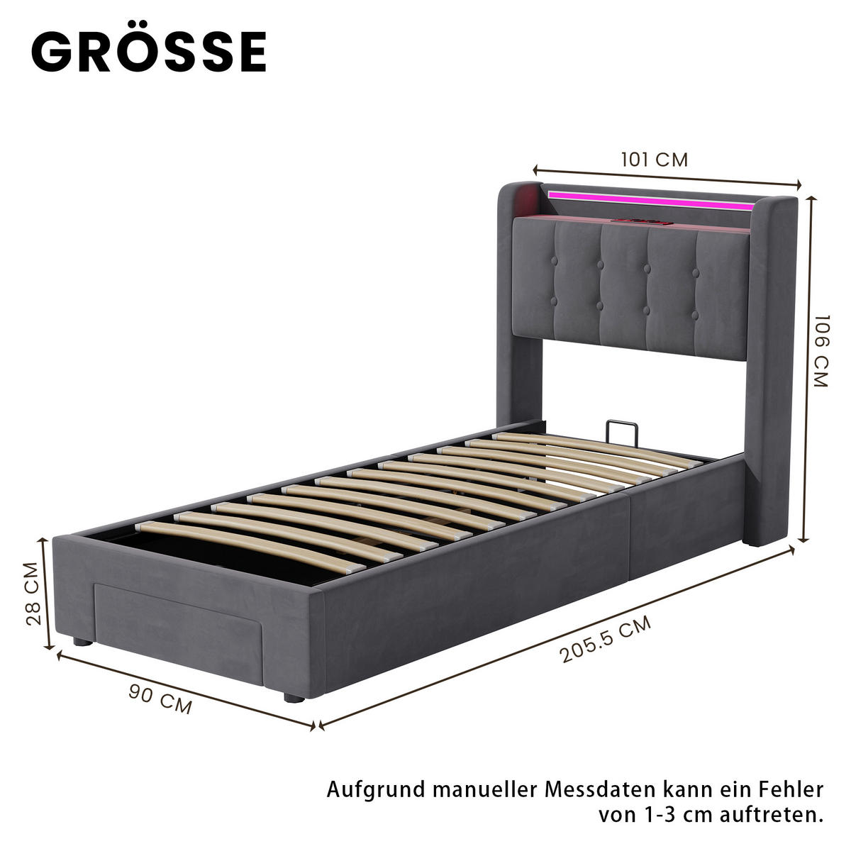 POLSTERBETT 90/190 cm Grau mit LED-Lichtleiste und USB-Anschlüssen - Grau, Holzwerkstoff (90/190cm) - OKWISH