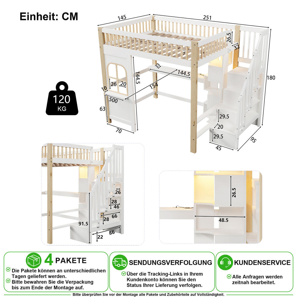 HOCHBETT 140/200 cm in Weiß & Natur mit LED, Schreibtisch und Ablageleiter - Weiß/Naturfarben, Holz/Holzwerkstoff (140/200cm) - CHICFURN