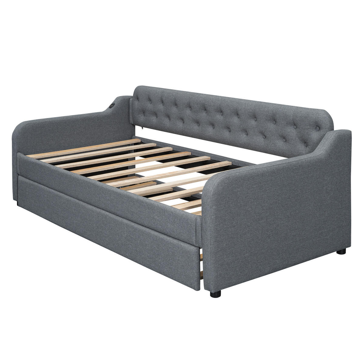 TAGESBETT 90/200 cm mit Ausziehbett, USB-Anschluss und Leinenbezug, Grau - Grau, Textil (90/200cm) - Redom