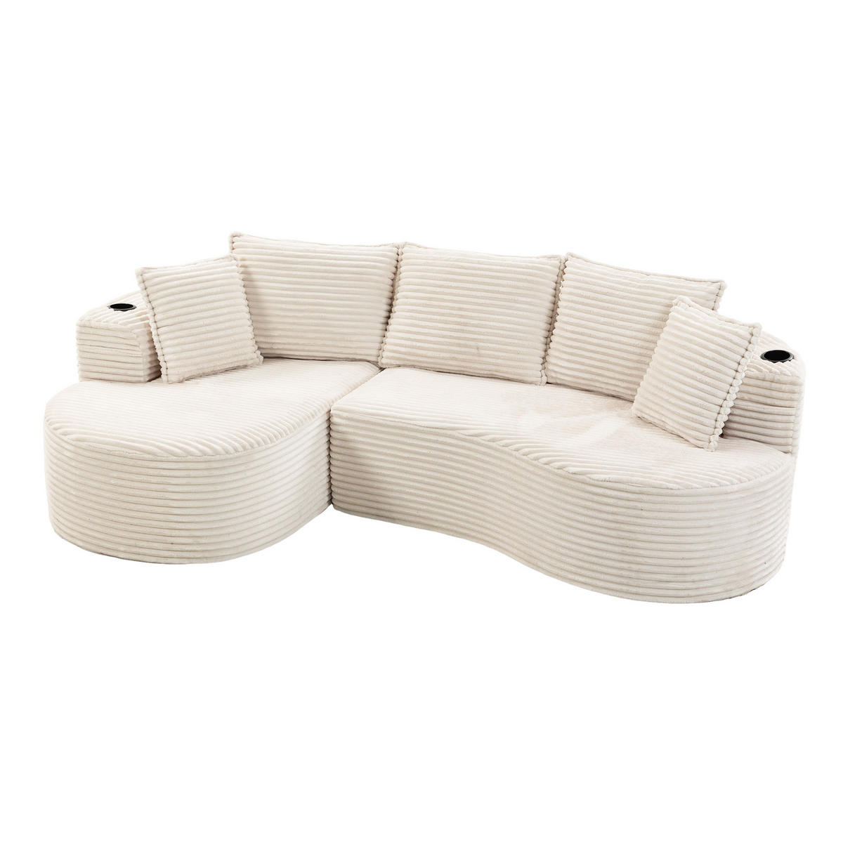 ECKSOFA aus Cord 250x152x82 cm Beige mit Getränkehaltern, Seitentaschen und Kissen im Bogendesign - Beige, Textil (250/152cm) - Modfu