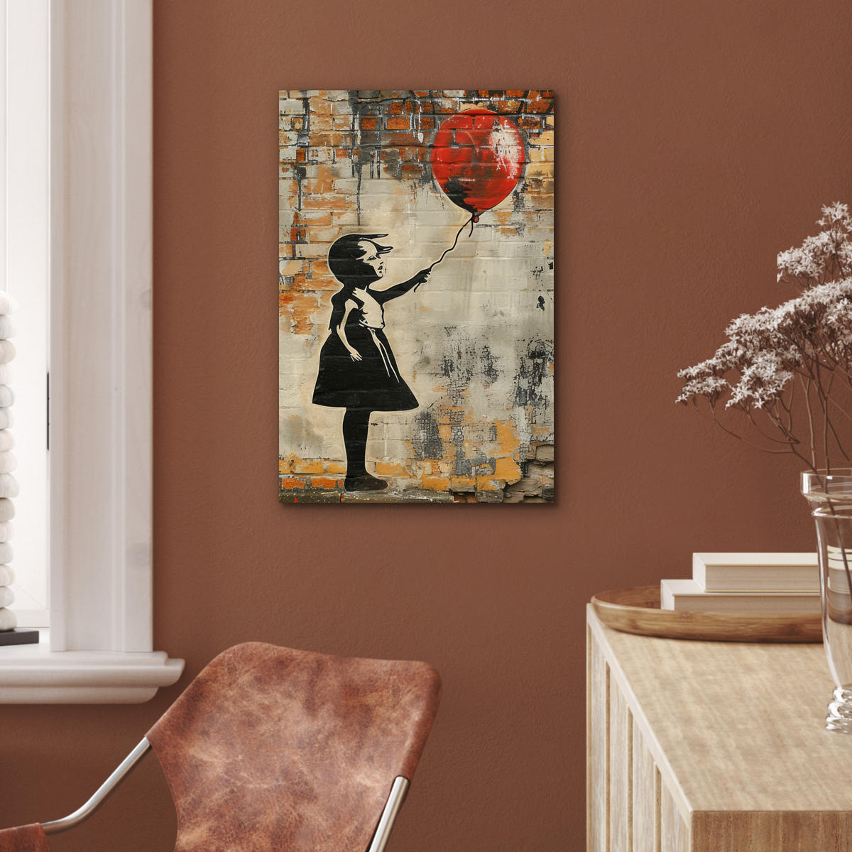METALLBILD Graffiti - Banksy - Mädchen - Straßenkunst 40x60 cm - Sandfarben, Metall (40/60cm) - MuchoWow