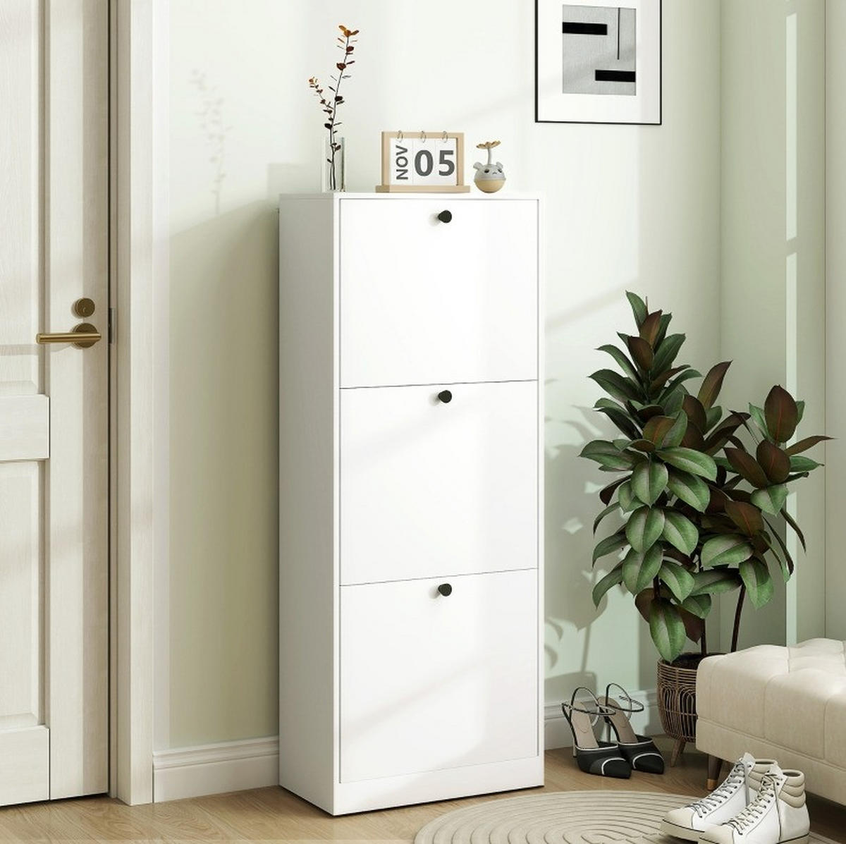 SCHUHSCHRANK 47/26/120 cm in Weiß mit 3 Klappen und verstellbaren Fächern - Weiß, Holz (47/120/26cm) - Flora Grace