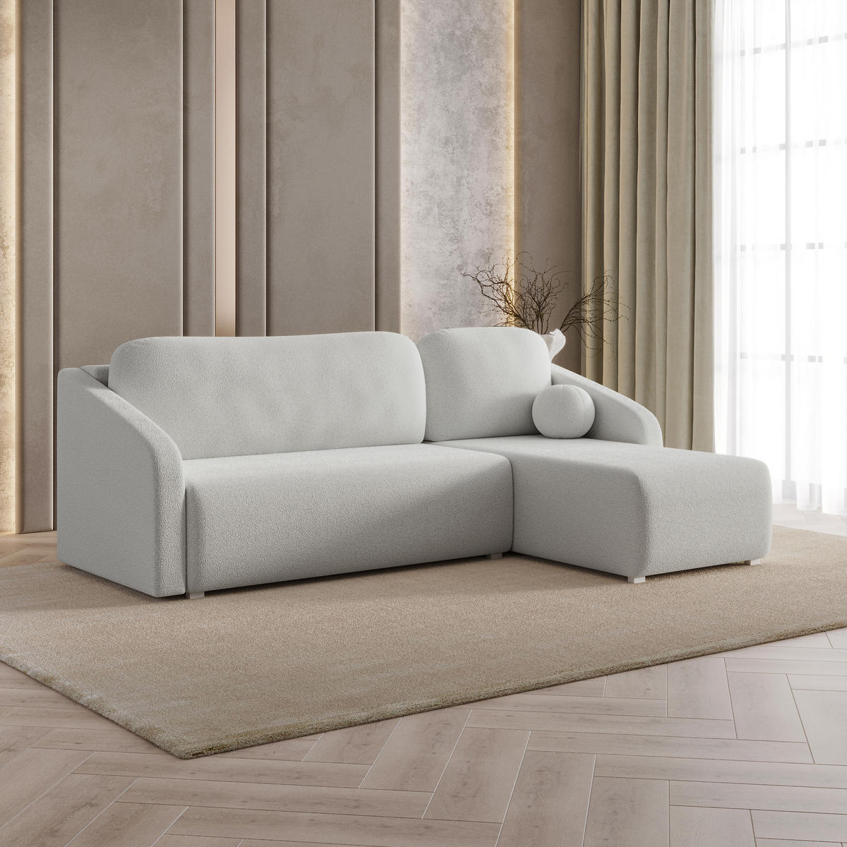 ECKSOFA MARELLO Hellgrau Boucle-Stoff mit Schlaffunktion - Hellgrau, Holz (220/143cm) - MASSENO