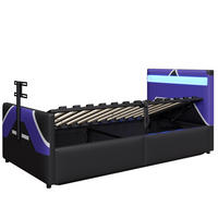 KINDEREINZELBETTEN aus Kunstleder 90x200 cm in Schwarz mit LED & TV-Halterung - Schwarz, Leder (90/200cm) - Modfu