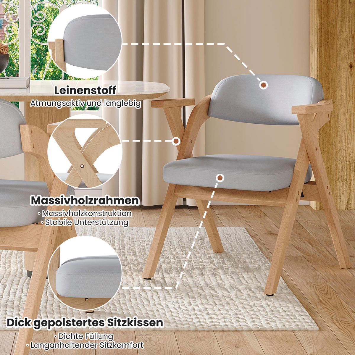 ESSZIMMERSTUHL 2 Klappbar Massivholz Leinen Grau Modern - Grau, Holz (64.5/76/66.5cm) - FLIEKS