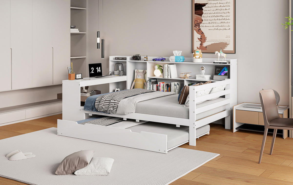 BETT 90/200 cm Weiß aus Massivholz mit Bett und Schreibtisch - Weiß, Holz (90/200cm) - OKMYHOME