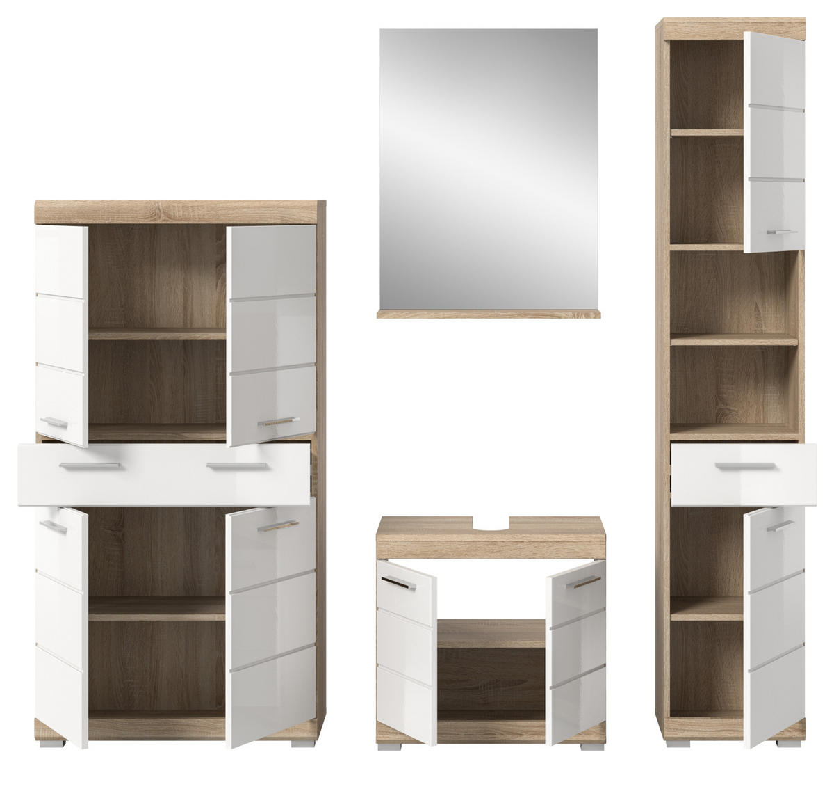 BADMÖBEL-SET weiß Hochglanz, Eiche 4-teilig 186 cm, viel Stauraum - Weiß Hochglanz/Eichefarben, Holzwerkstoff (186/191/34cm) - Inn.Furn