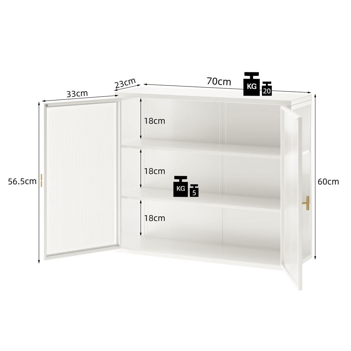 BAD-WANDSCHRANK Weiß, 2 Glastüren & 3 Ablagen, 70 x 23 x 60 cm - Weiß, Metall (70/60/23cm) - Urban Meuble