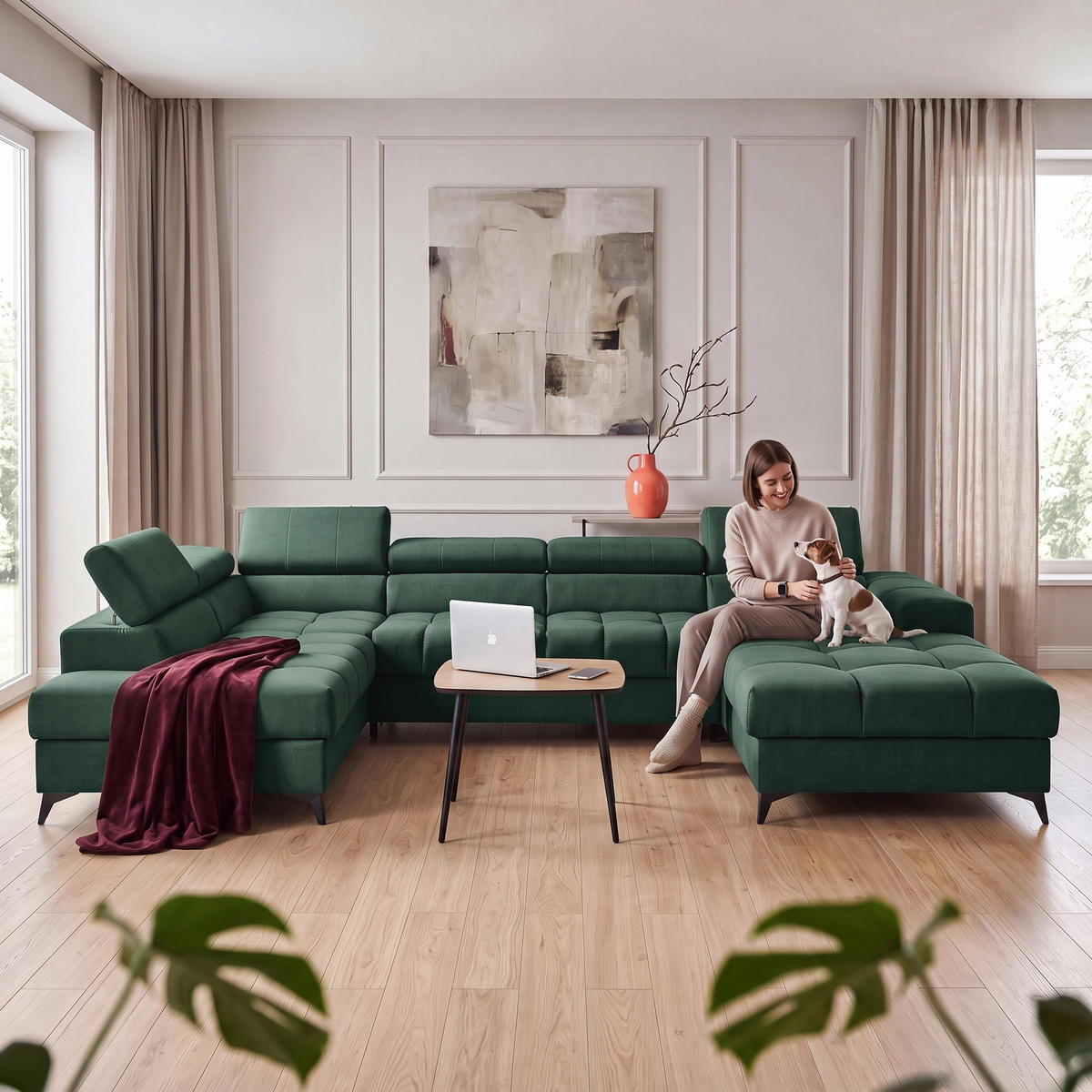 ECKSOFA PUDDING U Rechts mit Schlaffunktion 125x260 Velours Grün - Schwarz/Grün, Holz/Textil (350/203cm) - Muffo