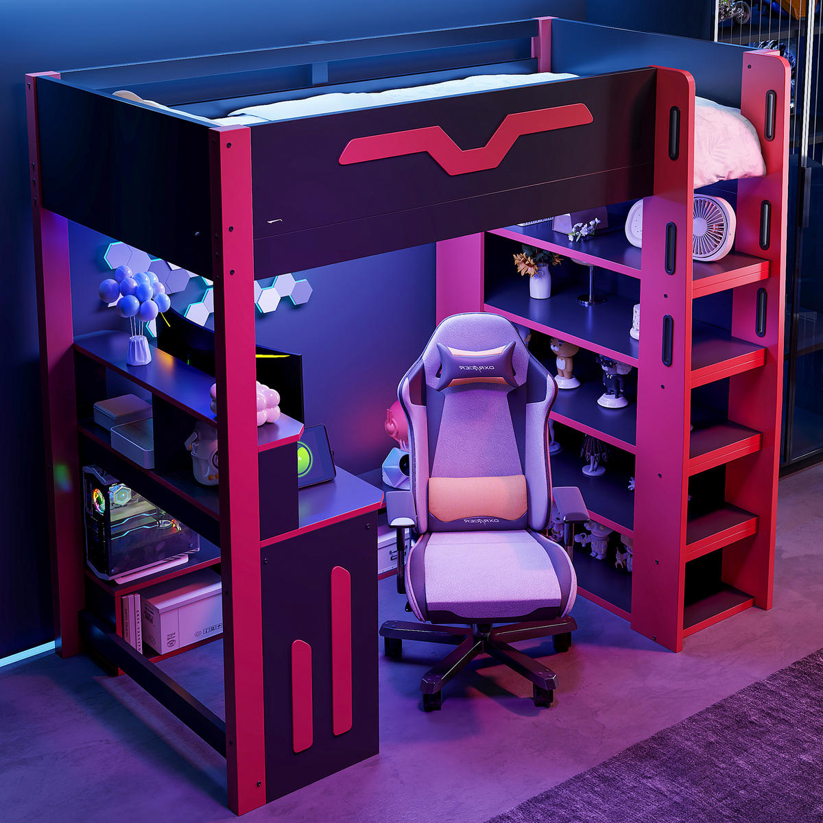 HOCHBETT 90/200 cm in Schwarz & Rot mit Schreibtisch, Regal, Stauraum und LED - Rot/Schwarz, Holzwerkstoff (90/200cm) - STILVORA
