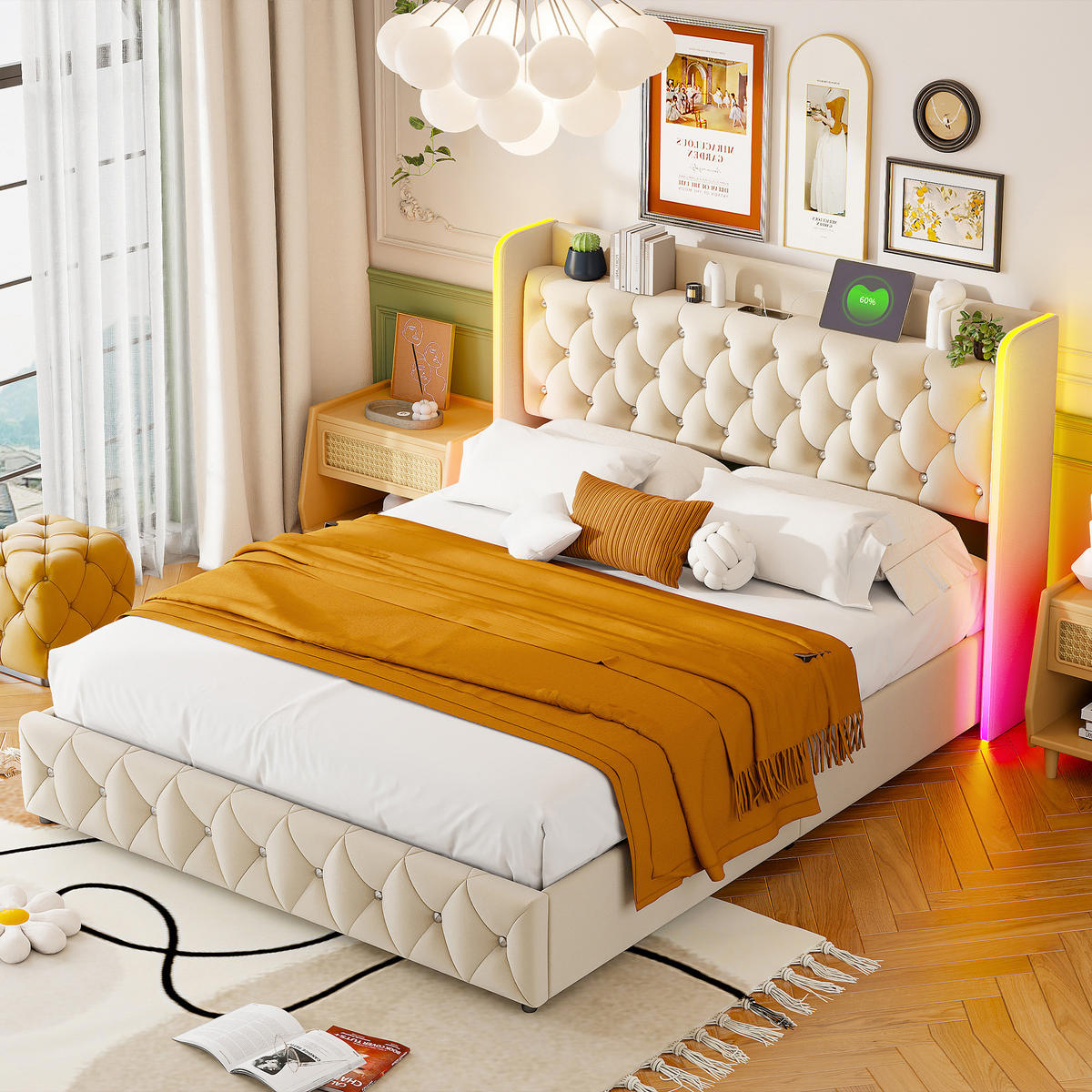 POLSTERBETT 140x200 cm in Beige aus Samt mit LED-Beleuchtung und Stauraum - Beige, Holz/Metall (140/200cm) - PARAFTA HOME