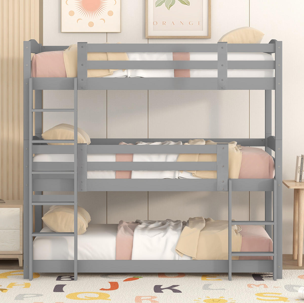 ETAGENBETT Kinderbette 90/200 cm aus Kiefernholz mit 3 Schlafplätzen Grau - Grau, Holz (90/200cm) - Modenvie