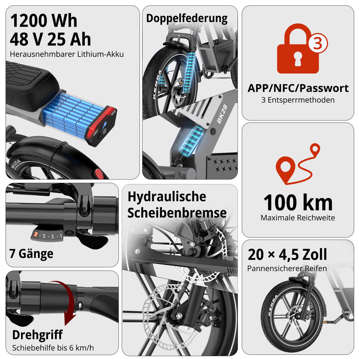 E-BIKE BK28 48V 25Ah Akku ,hydraulische Scheibenbremsen ,App und NFC 5-Gang-Verstellung - Grau, Metall (86cm) - HITWAY