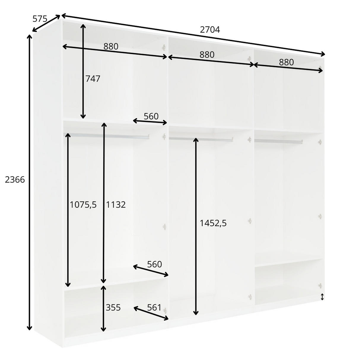 KLEIDERSCHRANK Weiß Hochglanz 270/237/61 - Weiß Hochglanz, Holzwerkstoff (270/237/61cm) - RAUMHIRSCH FURNITURE