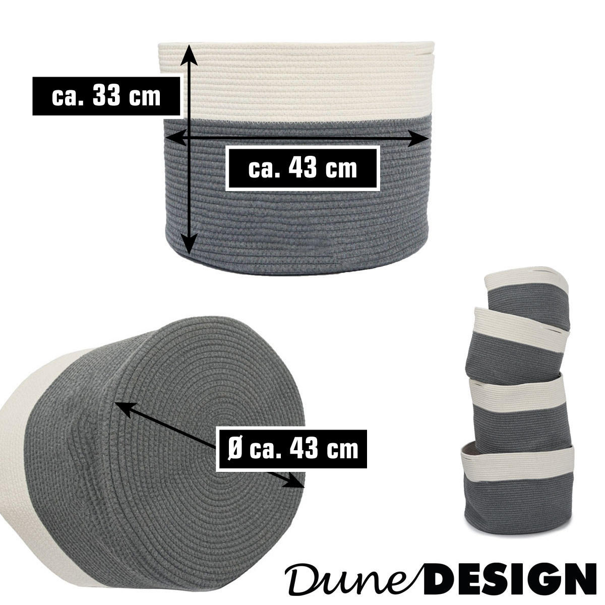 BAUMWOLL-WÄSCHEKORB 45 Liter Ø43x33 cm Grau - Weiß, Textil (43/33/43cm) - Dunedesign