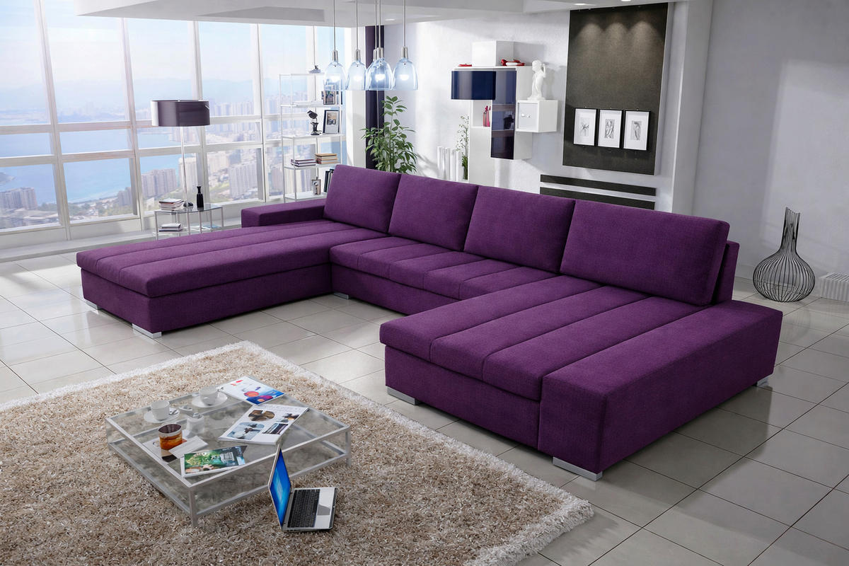 WOHNLANDSCHAFT VERONA U-Form mit Schlaffunktion, Bettkasten und Wellenfederung – Großzügiges Ecksofa 387 cm - Violett, Kunststoff (387/85/213cm) - Wohnideebilder