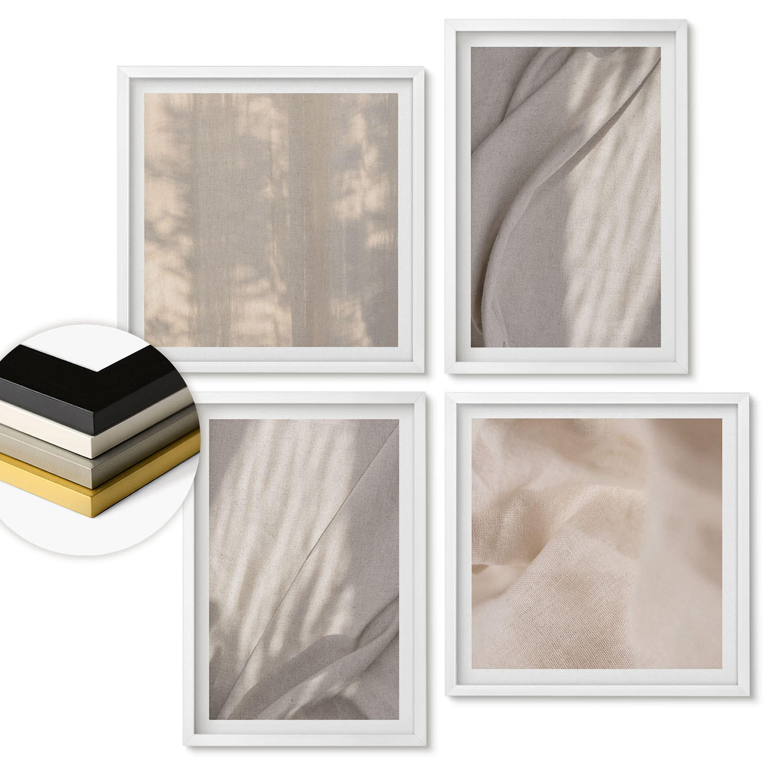 WANDBILDER 4er-Set - 50x50 cm & 40x60 cm Weißer Rahmen - Nahaufnahme von natürlichen Boho-Stoffen - Weiß, Kunststoff (50/50cm) - ArtPrintCave