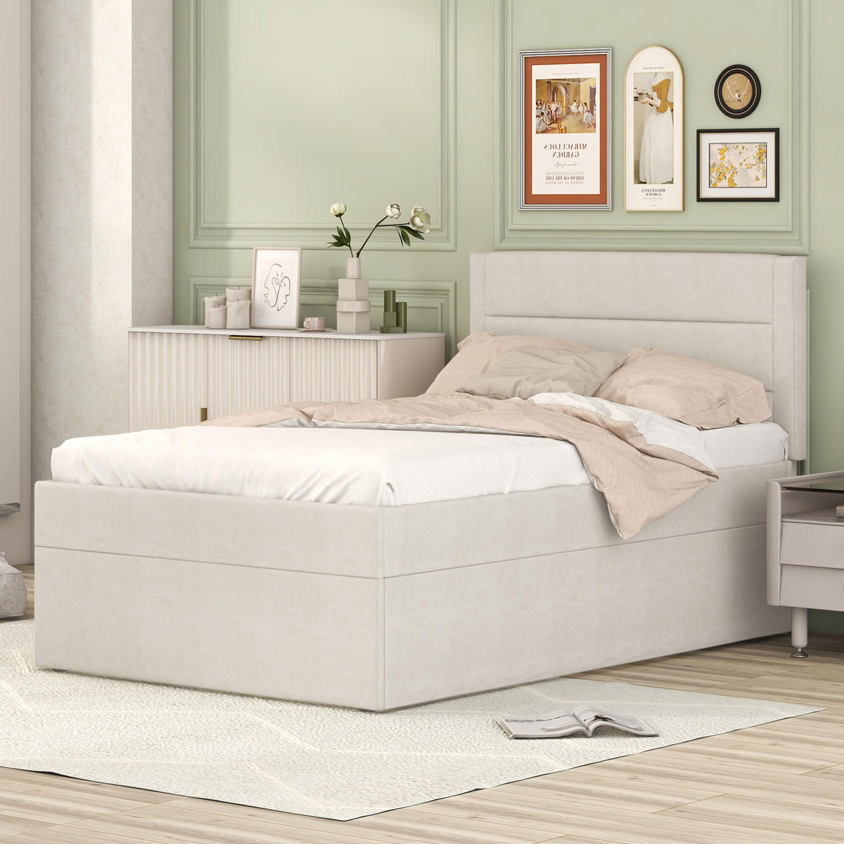 POLSTERBETT mit Stauraum 90x200 cm Beige - Beige, Holz (90/200cm) - Meubliv