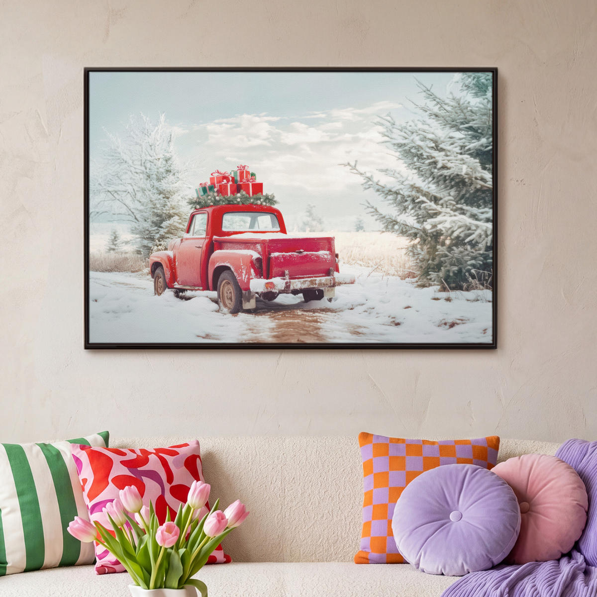 LEINWAND Bilder mit Rahmen - Auto - Rot - Geschenke - Winter - Schnee - Weihnachten - 90x60 - Rot, Textil (90/60cm) - MuchoWow