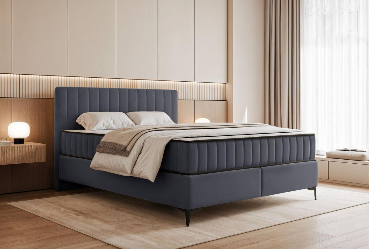 BOXBETT Mufasso Grau Samtbezug 180x200 cm - Schwarz/Grau, Textil/Metall (180/200cm) - Selsey