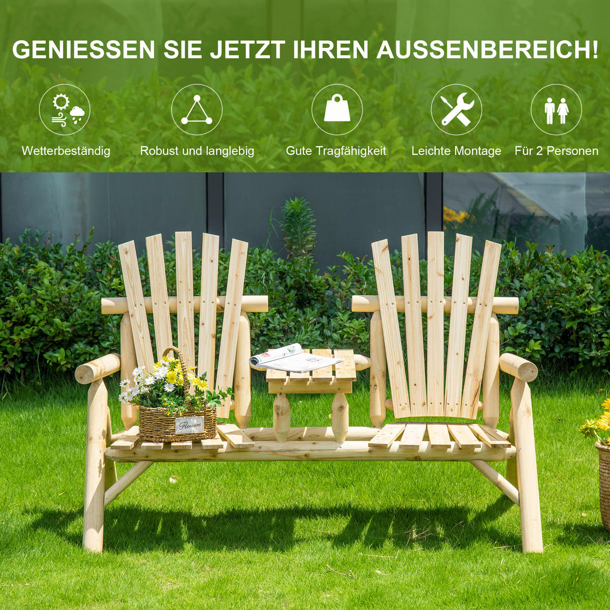 GARTENBANK-KOMBINATION,2 Personen integrierter Tisch,naturholz - Beige, Holz (157/103/88cm) - Vallsero