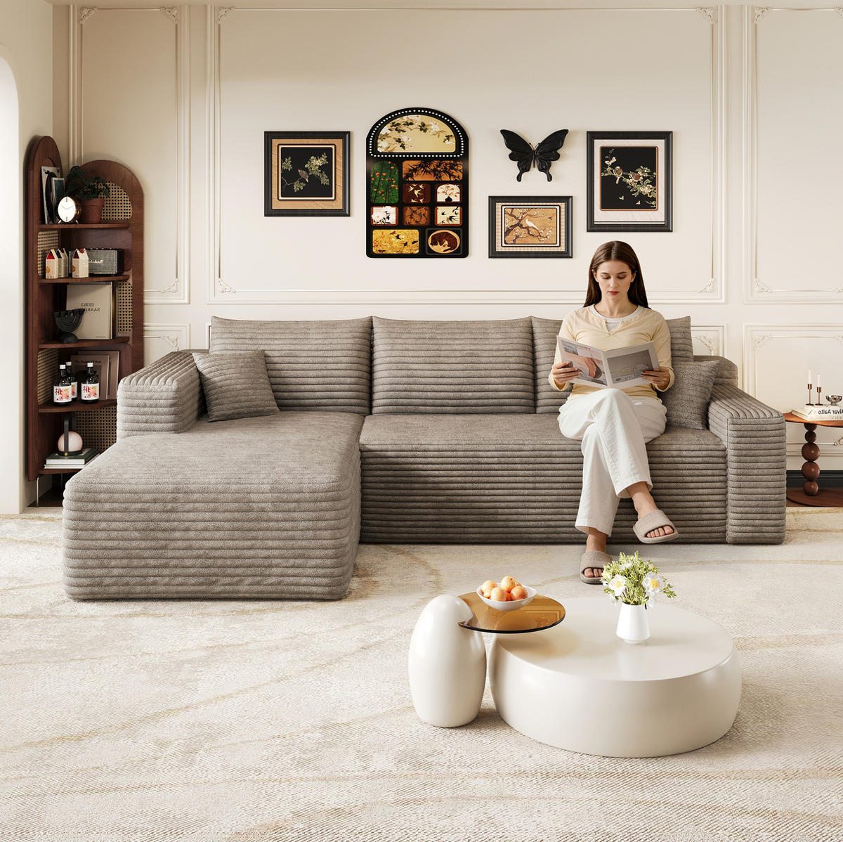 KUTNA sofa 241 cm camel od tkanine bez montaže s ležaljkom - svijetlo siva, tekstil (151/241cm) - OKWISH