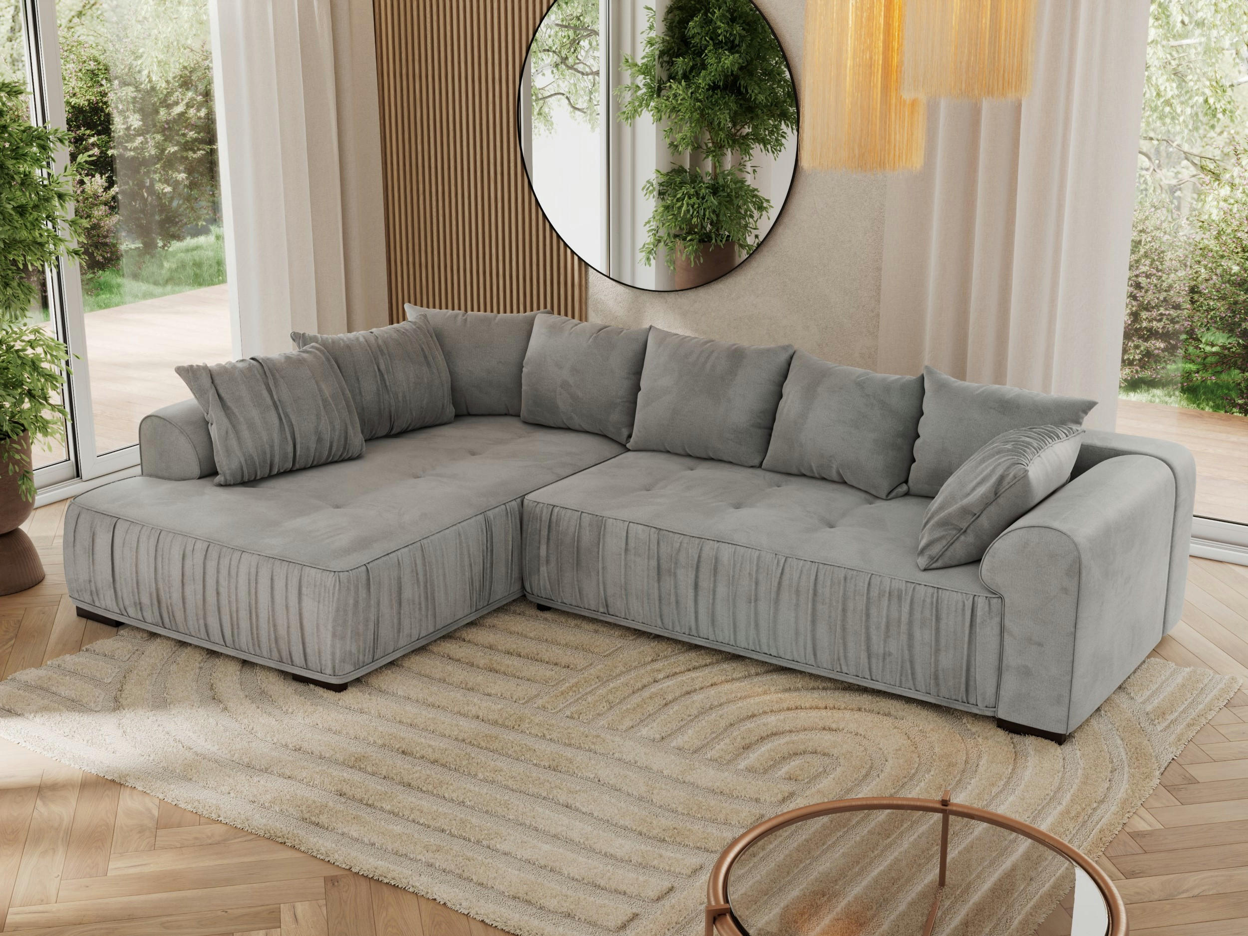 ECKSOFA ORTA Hellgrau Velvet - Links - Hellgrau/Schwarz, Textil (325/200cm) - MKS