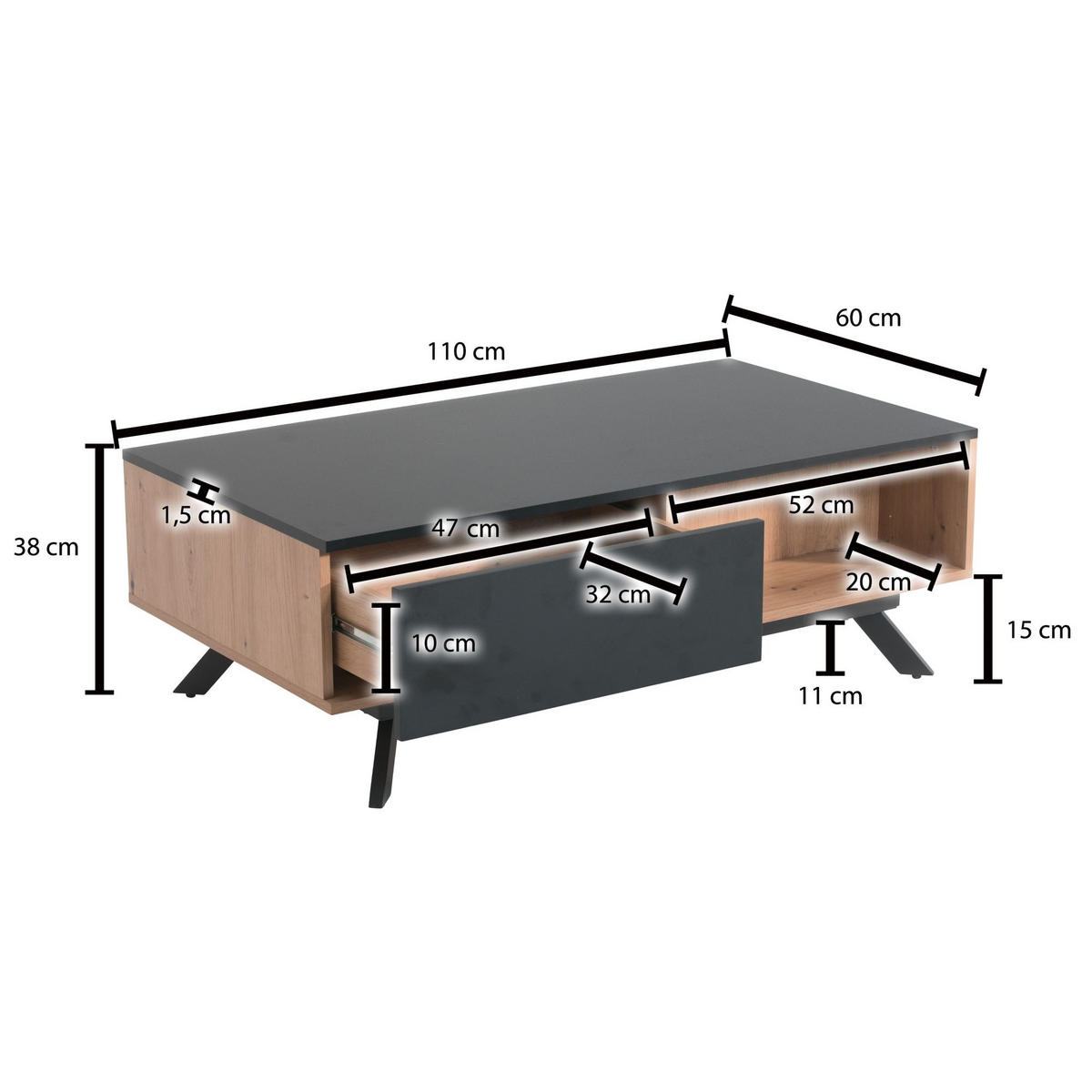 COUCHTISCH Eiche-Dekor Schwarz mit Stauraum, Wasserabweisend, 110x60x38 cm - Schwarz/Braun, Holz/Metall (60/110/38cm) - KADIMA DESIGN