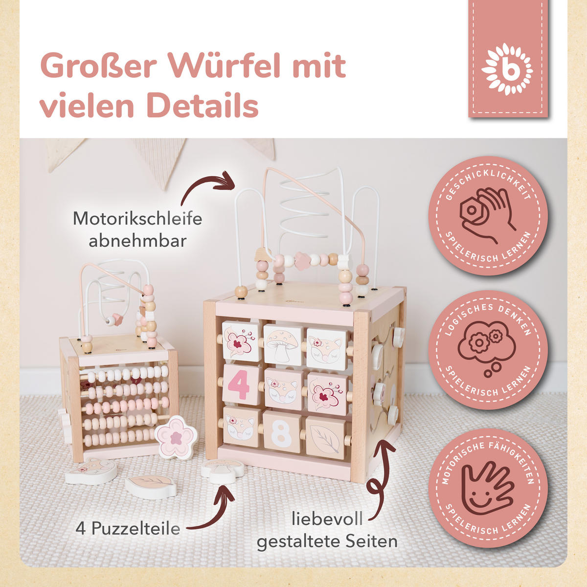 MOTORIKWÜRFEL Reh Ella XXL - Rosa, Holz (30/30cm) - Bieco Spielwaren