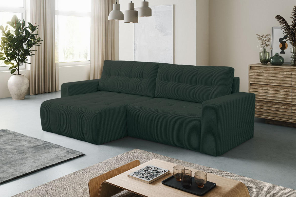 ECKSOFA Maillo Dunkelgrün Cord - Dunkelgrün/Schwarz, Kunststoff/Textil (245/143cm) - Selsey