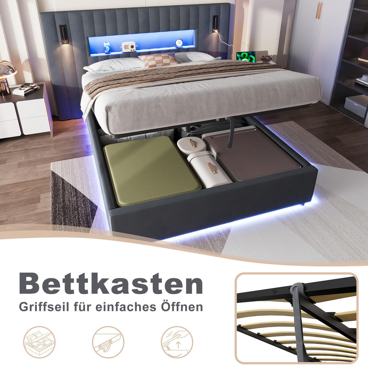 POLSTERBETT 140/200 cm Dunkelgrau mit LED & USB - Dunkelgrau, Textil (140/200cm) - Flora Grace