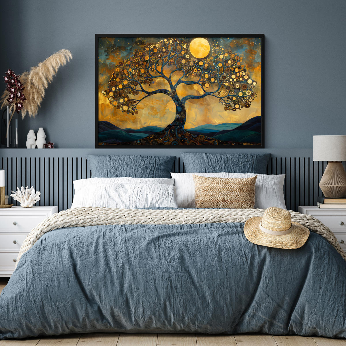 POSTER MIT RAHMENGERAHMTES BILD Baum - Mond - Blumen - Gold - Kunst 120x80 cm - Orange, Papier (120/80cm) - MuchoWow