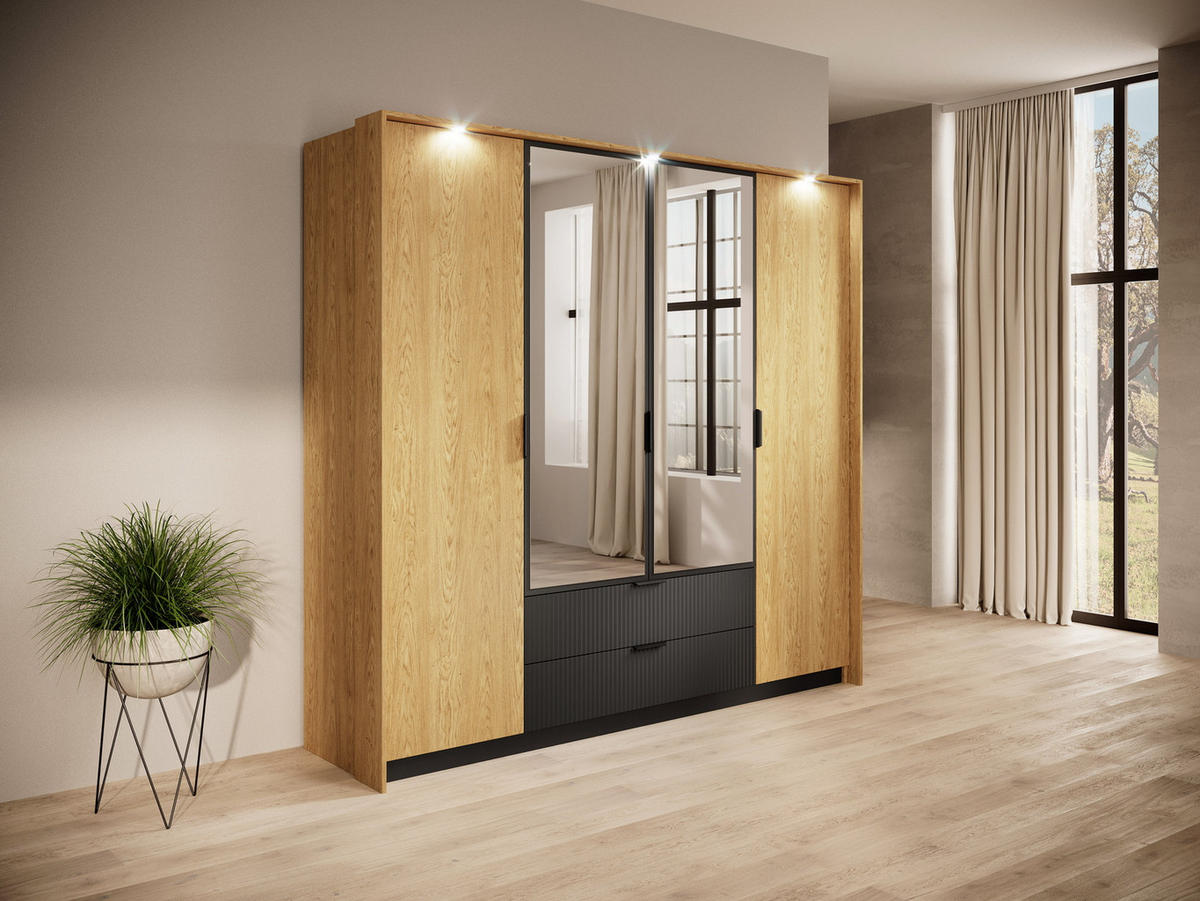 KLEIDERSCHRANK 225 cm mit Spiegel und LED Belano, 4 Türen, Eiche Baltic - Eichefarben, Holz (223/210/59cm) - Emporius