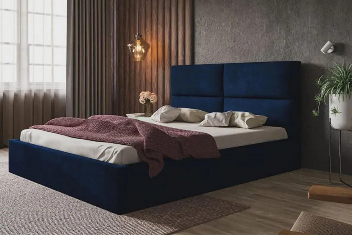 POLSTERBETT SIM 6 mit Kopfteil, 140 x 200 cm mit Bettkasten und Lattenrost aus Holz, Velourstoff, Farbe: Blau - Blau, Holz/Kunststoff (140/200cm) - Sepro Meble
