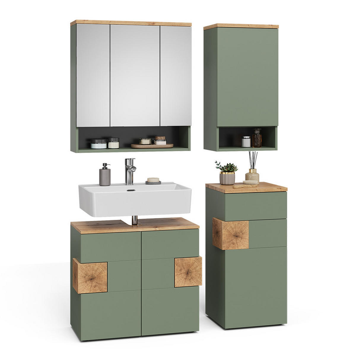 BADMÖBEL-SET Eden Grün/Artisan 4 Teile - Hellgrau/Grün, Holzwerkstoff (76/64/37cm) - Vicco