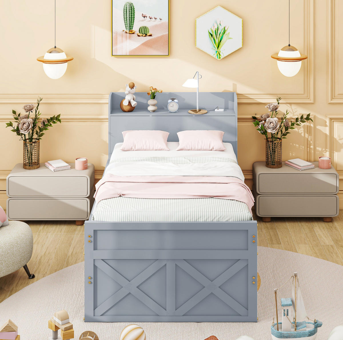 EINZELBETT 90/190 cm grau Multifunktionales Massivholzbett mit USB-Anschluss und ausziehbarem Bett - Grau, Holz (90/200cm) - OKWISH