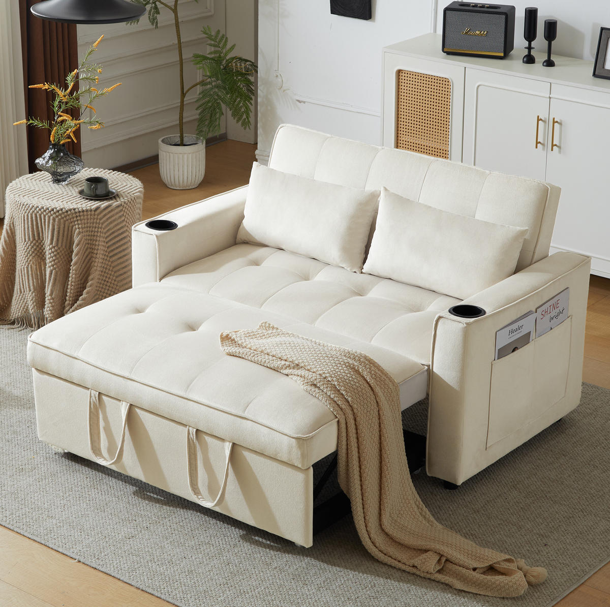 SCHLAFSOFA Samt mit 3-fach verstellbarer Rückenlehne und Getränkehalter Beige 137/76,5/83 cm - Beige, Textil (83/137/76.5cm) - Redom