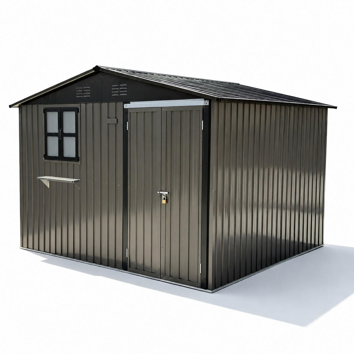 GERÄTEHAUS 313.1/255.4/199.9 cm Braun mit öffnbaren Fenstern, abschließbarer Tür und Blumenregal (7,19 m²) - Braun, Metall (255.4/199.9/313.1cm) - Oxeza