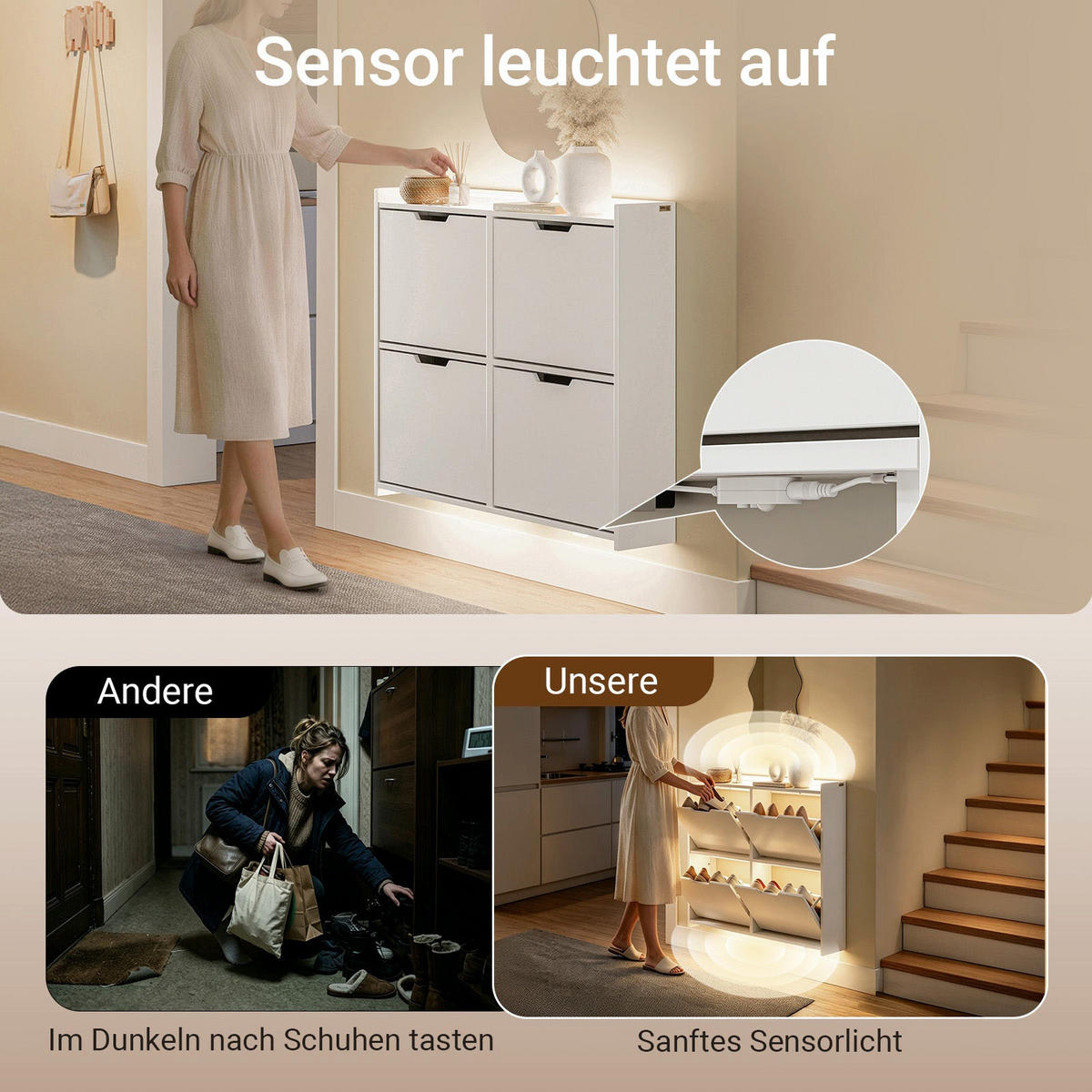 SCHUHSCHRANK mit 4 Klappen und Sensorlicht Weiß 100x19x93cm - Weiß, Holzwerkstoff (19/93/100cm) - SoBuy