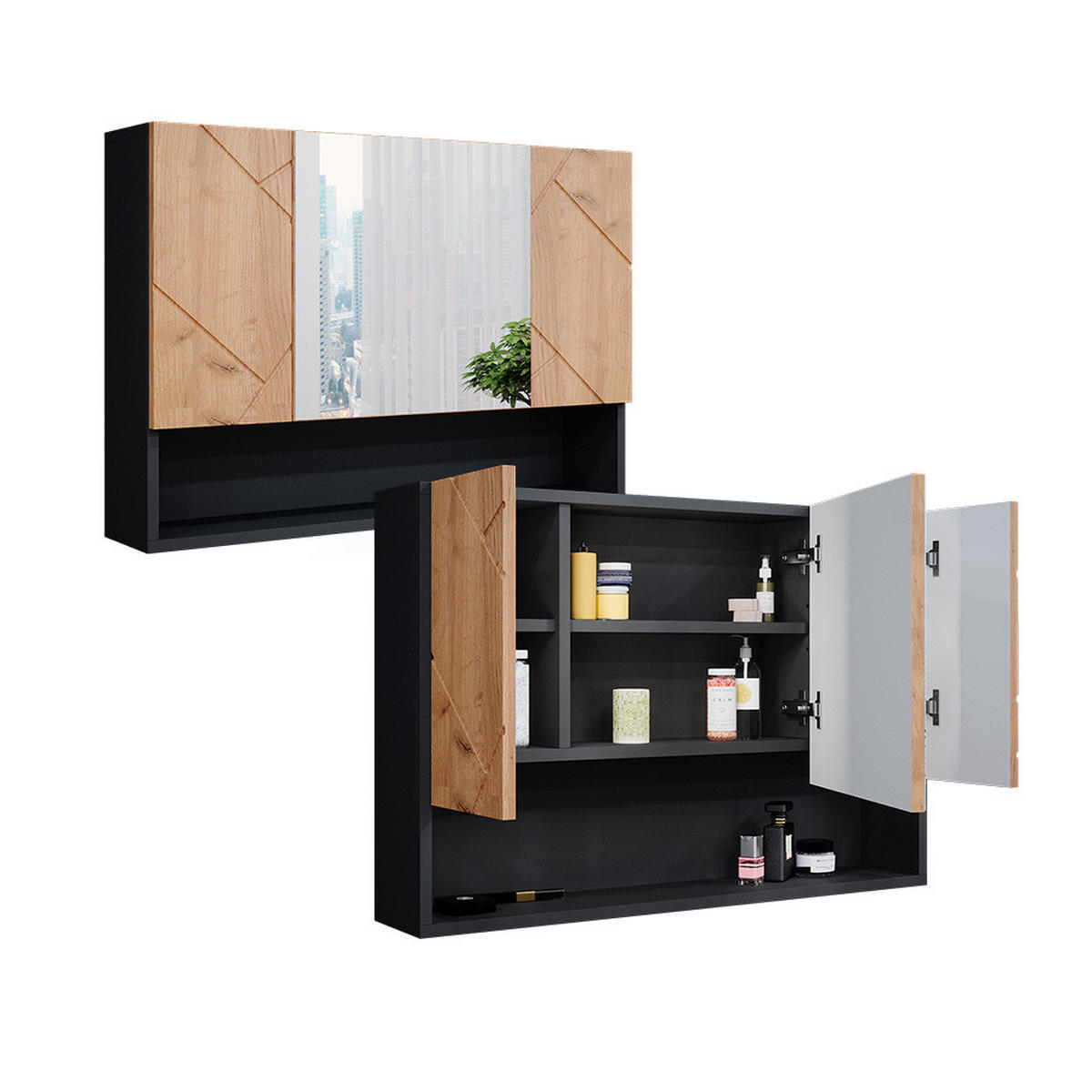 BADSPIEGELSCHRANK Irma Anthrazit 80.1 x 55 cm - Anthrazit/Eiche Wotan, Holzwerkstoff (80.1/55/17cm) - Vicco