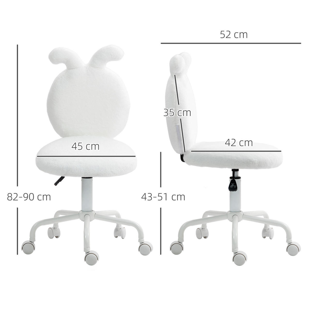 BÜROSTUHL Höhenverstellbar Schreibtischstuhl mit Hasenohren, Samtoptik, Weiß - Weiß, Kunststoff (45/90/52cm) - HOMCOM